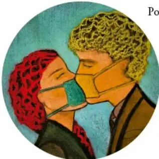 Ilustración circular de dos personas con mascarillas besándose, representando el vínculo entre arte y salud durante la pandemia.