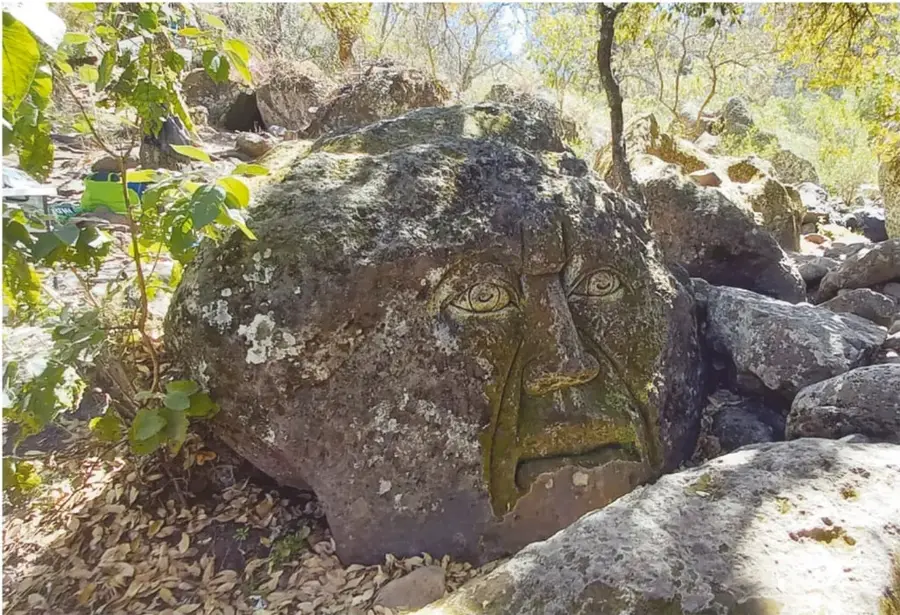 Fotografía de una cabeza gigante entre rocas y árboles del bosque, con hojas secas en el suelo y personas y objetos al fondo entre la vegetación.