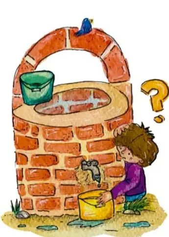 Ilustración de un pozo de ladrillo con cubeta, y una niña que llena un balde mientras observa un signo de interrogación; crédito a Mariana Haide Calderón Cifuentes, Ciudad de México.