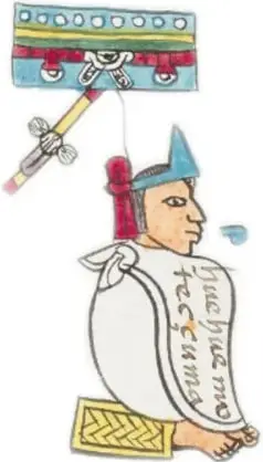 Ilustración de Cuauhtémoc, tlatoani mexica, ataviado con penacho y túnica blanca, portando un estandarte.