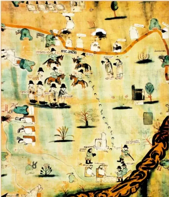 Lienzo de Coacoatzintla, pintura sobre tela de algodón del siglo XVI con fondo amarillo y verde, que representa caballos con jinetes, indígenas, árboles, cultivos, animales, caminos y construcciones en un paisaje colonial.