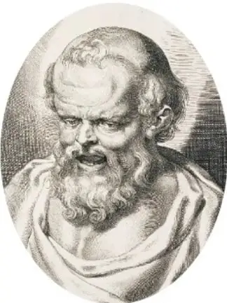 Retrato de un filósofo griego anciano con barba, mirando hacia abajo, estilo grabado.