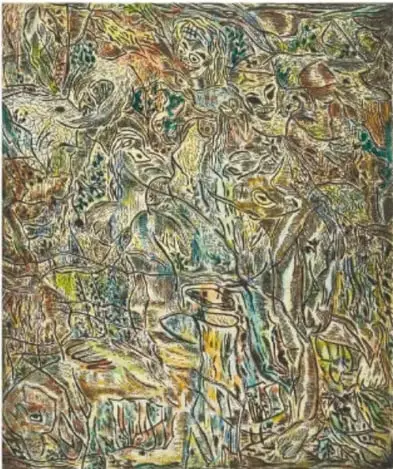Grabado en blanco y negro titulado Títeres populares (1941) de Lola Cueto, donde se observan dos figuras con máscaras y un esqueleto detrás de una reja.