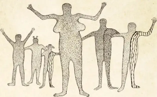 Ilustración de figuras humanas estilizadas con los brazos levantados, formando un grupo; una figura central más grande parece guiar al resto.
