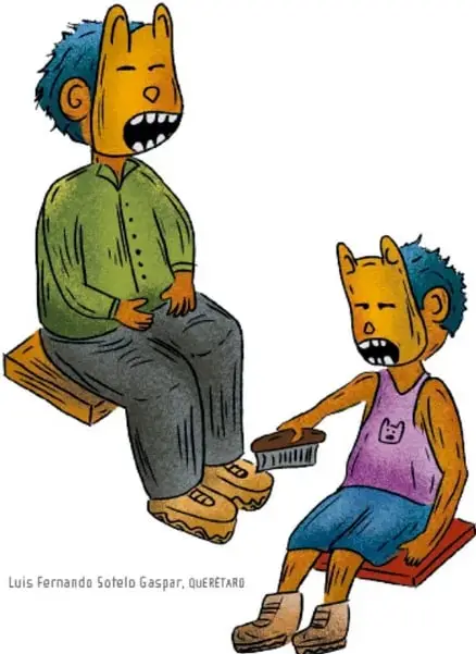 Ilustración de dos personas conversando en un banco, con crédito a Luis Fernando Sotelo Gaspar, Querétaro.