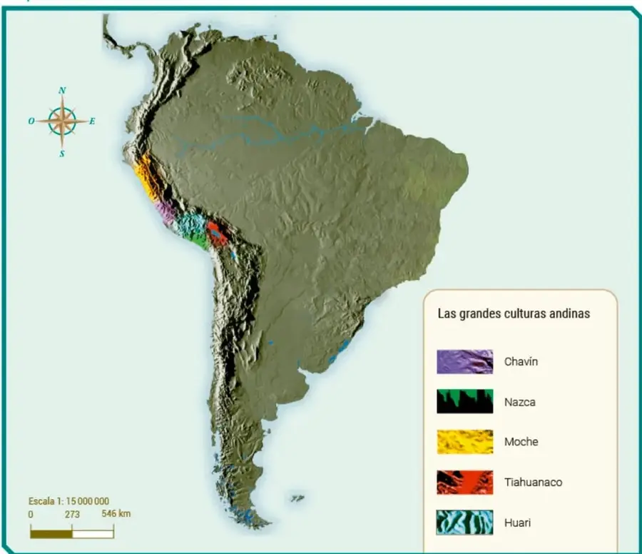 Mapa físico de América del Sur con la cordillera de los Andes resaltada. Se indican con colores las áreas de las culturas Chavín, Nazca, Moche, Tiahuanaco y Huari. Incluye rosa de los vientos, escala gráfica y leyenda.