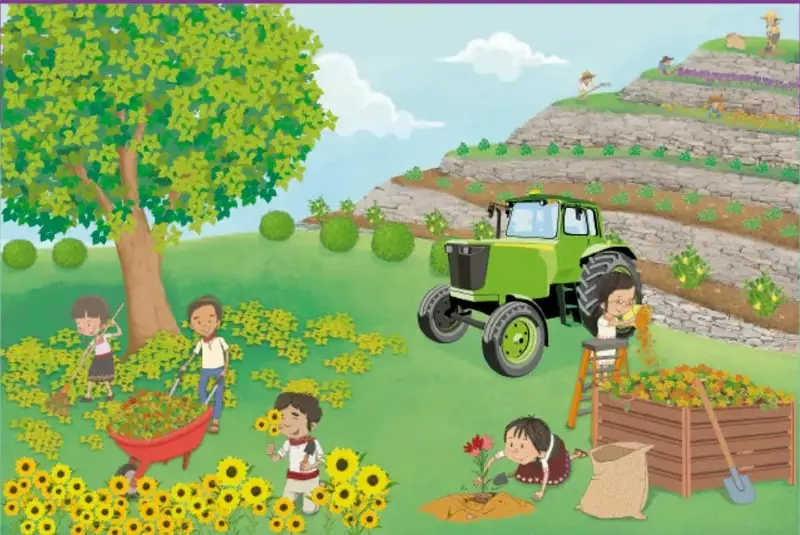 Ilustración digital de niños y niñas trabajando en una huerta: dos riegan o recogen flores con carretilla roja, un niño sostiene girasoles, una niña planta una flor junto a un costal, un tractor verde carga flores de una caja de madera, con un árbol grande, arbustos y laderas escalonadas con cultivos al fondo. Crédito: Maya Selene García López, CIUDAD DE MÉXICO.