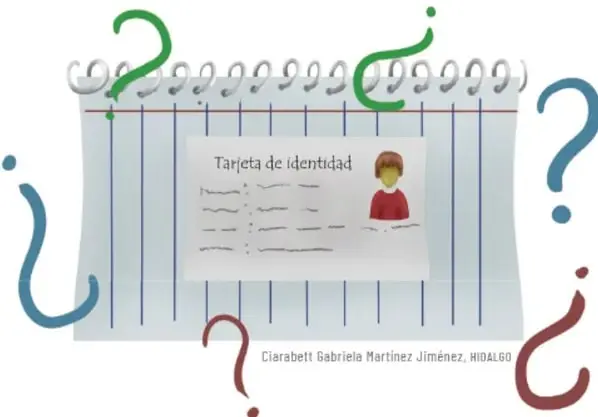 Ilustración de una tarjeta de identidad con datos personales y la fotografía de una niña, rodeada de signos de interrogación de colores.