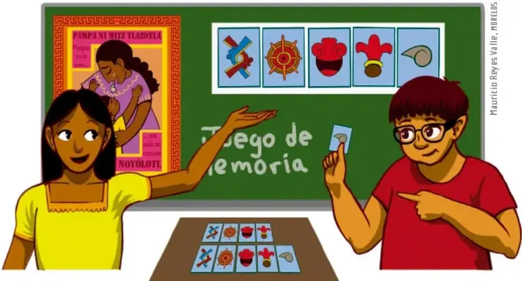 Ilustración de dos estudiantes frente a un pizarrón con el título 'Juego de memoria', un póster que dice 'Pampa si Ritz Yllachiyta Noqoqloti' y fichas de un juego de memoria sobre la mesa.