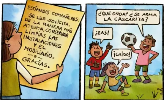Viñeta de cómic de Sandra Cárdenas Barragán (Jalisco): una niña lee un aviso formal en un papel, mientras a la derecha niños juegan y hablan en lenguaje informal ("¿Qué onda? ¿Se arma la cascarita?", "¡Zas!", "¡Chiioo!").