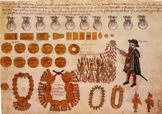 Códice colonial con glifos, cuentas, objetos y un personaje español con bastón y capa, que representa el registro tributario y el sometimiento económico.