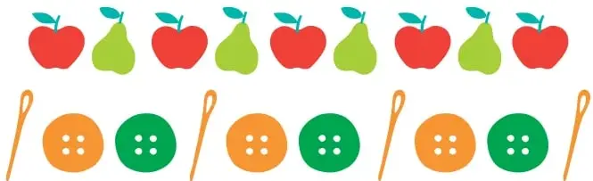Secuencia con figuras: palillos de madera, botones naranjas y botones verdes agrupados de tres en tres.