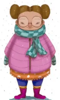 Ilustración de una niña con lentes muy abrigada: chamarra morada acolchada, bufanda verde, botas moradas; nieve a su alrededor (para el frío).