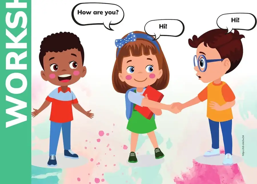 Tres niños saludándose: un niño afroamericano con camiseta roja, una niña con vestido verde y diadema azul sosteniendo un libro rojo y dándose la mano con un niño con gafas y camiseta naranja. Bocadillos: 'How are you?' y 'Hi!' x2.