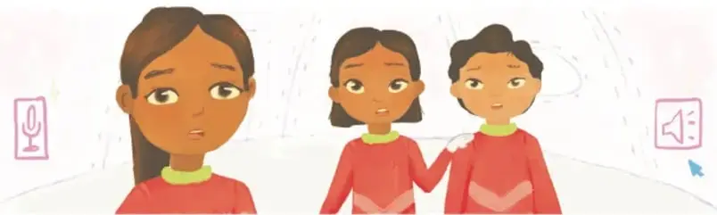 Ilustración de tres personajes infantiles (los crononautas) frente a una pantalla o canal de comunicación, con íconos de micrófono y bocina.