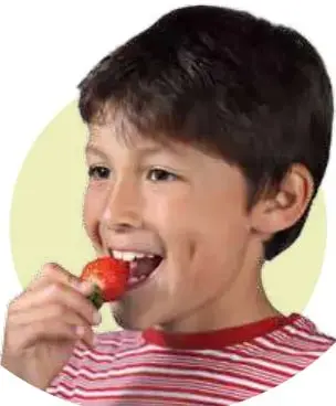 Niño comiendo una fresa, sonriente, con polera roja y blanca a rayas.