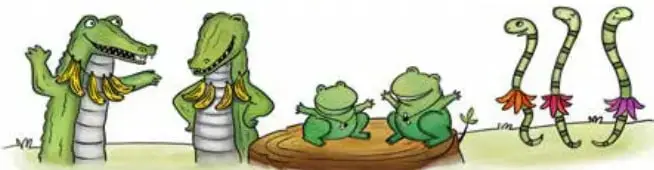 Ilustración de dos yacarés, dos ranas y dos víboras de coral reunidos.