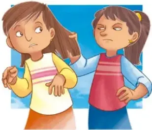 Dos niñas discutiendo, una con gesto de enojo señalando a la otra, ilustrando una emoción desagradable.