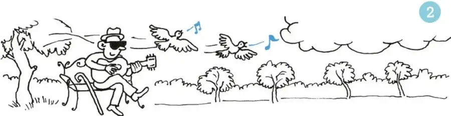 La misma persona toca la guitarra en el parque mientras dos pájaros vuelan cerca cantando, con notas musicales azules; arbustos y árboles al fondo.