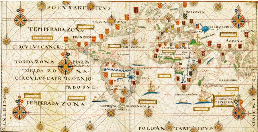 Mapa histórico tipo planisferio portulano del siglo XVI. Muestra las zonas astronómicas (Polus Arcticus, Temperada Zona, Circulus Cancri, Torrida Zona, Circulus Capricorni, Polus Antarcticus), océanos (Mare Oceanum, Mare Indicum, Mare Caspium) y territorios como Terra Nova, Brasil, Peru, Castella del Oro, Hispania, Africa, Arabia, India, China y Japan. Incluye el Estrecho de Fernão de Magalhães.