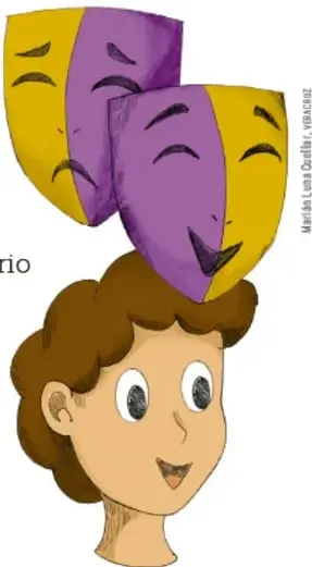 Ilustración de una niña con cabello castaño y ojos grandes, con máscaras de teatro amarillas y moradas sobre su cabeza, una sonriente y otra triste.