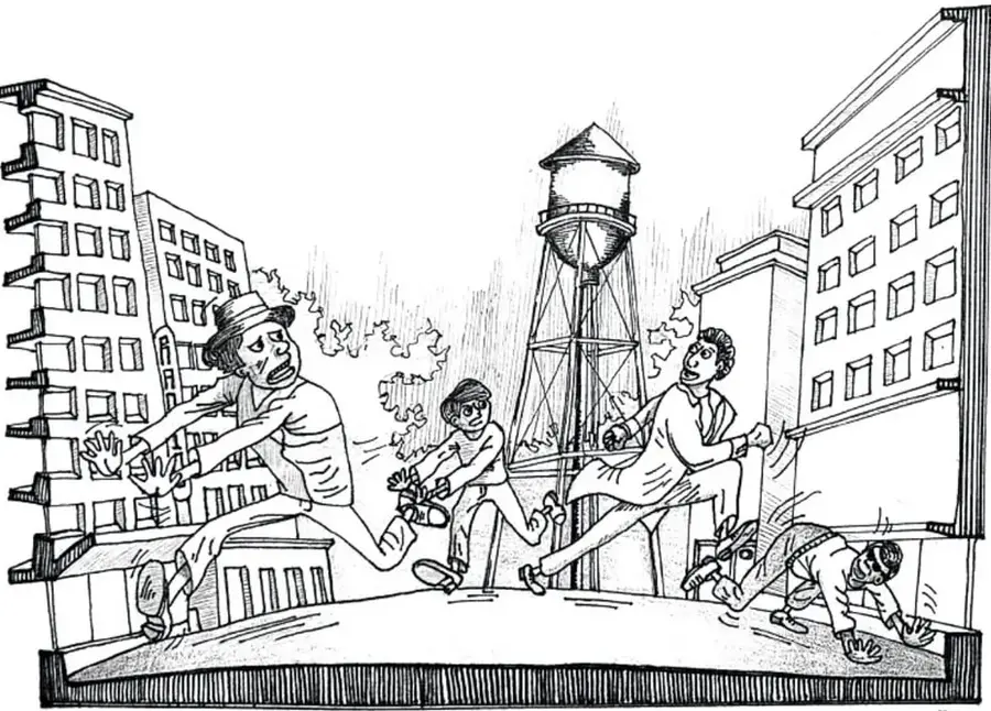 Ilustración en blanco y negro que muestra a varias personas corriendo asustadas por una calle urbana, con edificios a los lados y un tanque de agua elevado al centro. La escena representa el pánico colectivo tras la transmisión radial. Al pie: 'Luis Antonio Moreno Aguayo, MAYAHIT'.