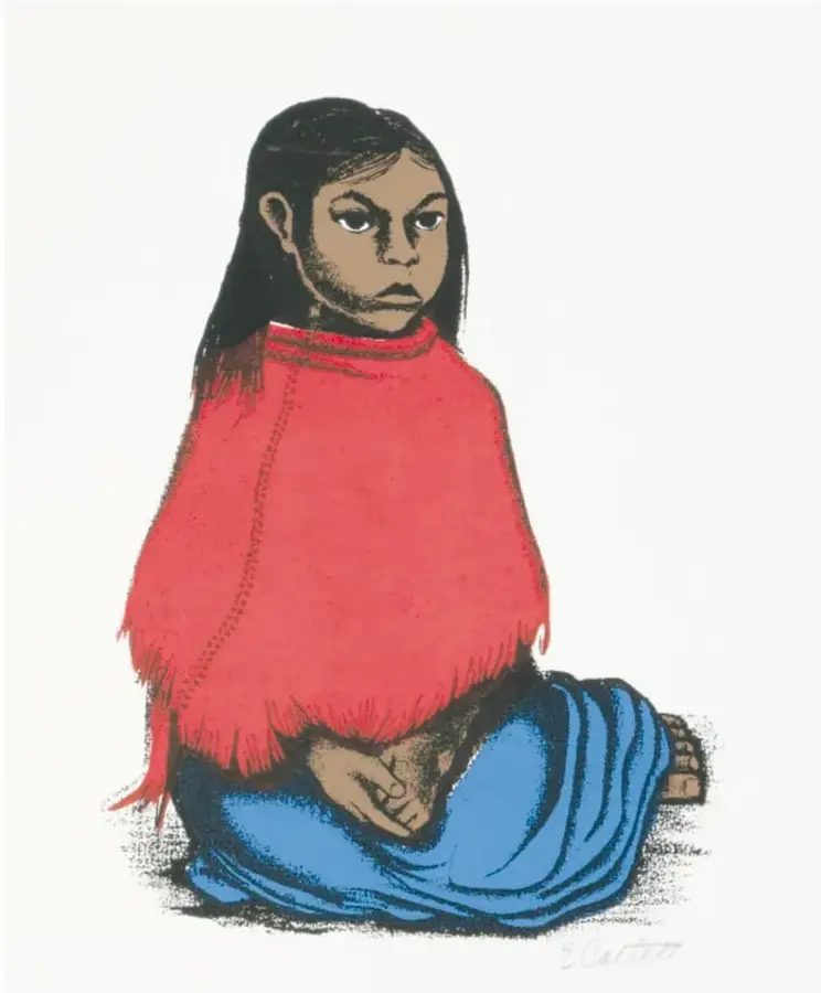 Ilustración de una niña sentada con un poncho rojo y una falda azul, con el rostro serio y la mirada al frente. Corresponde a la obra 'Rafaelita' (1959) de Elizabeth Catlett.