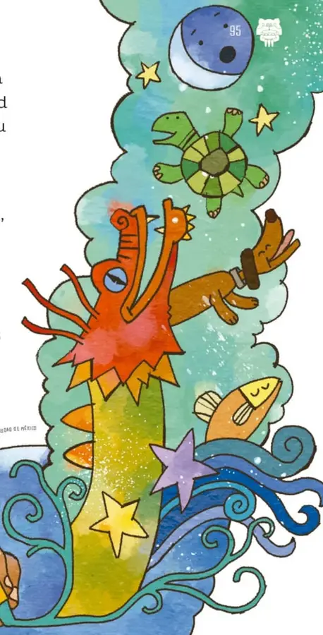Ilustración colorida con una tortuga, un dragón rojo, un perro, un pez, estrellas, una luna y olas de colores.