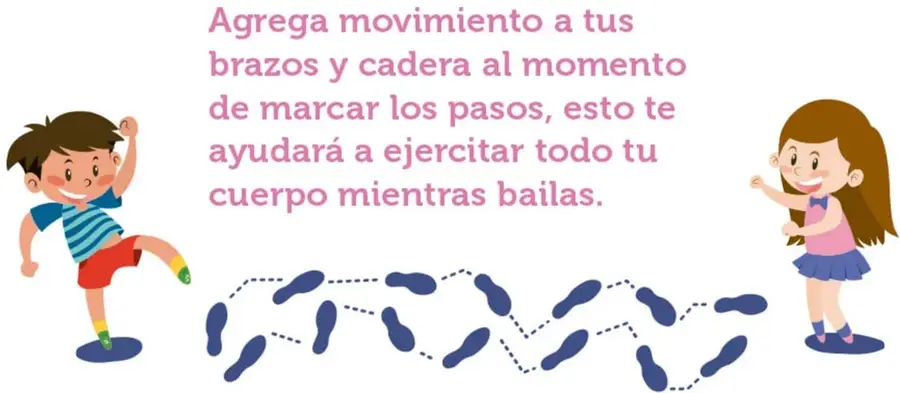 Ilustración de un niño y una niña bailando a los lados de una hilera de huellas azules unidas con línea punteada, que marca una trayectoria de baile en zigzag.