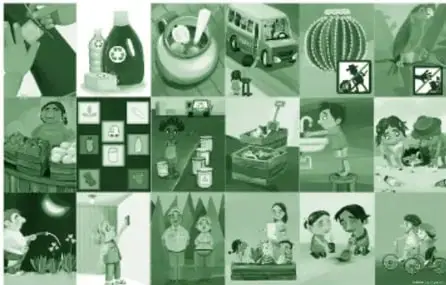 Mosaico de las ilustraciones del juego: personas reparando ropa, detergente, plantas y animales, autobús, cuidado del agua, ahorro de luz, riego nocturno, bicicleta y otras acciones ecológicas.