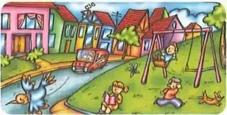 Ilustración de un vecindario con casas, una calle, un parque, juegos infantiles, niños y animales.