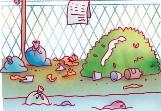 Ilustración de bolsas de basura junto a una cerca, un árbol y arbustos, con la firma de Karina Eréndira Pérez Olmos, Michoacán.