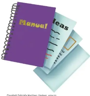 Cuaderno morado con la palabra 'Manual' y hojas con ideas.