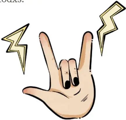Ilustración de una mano haciendo el gesto rock (cuernos) con rayos amarillos alrededor; crédito: Melissa Arenas Montealegre, Ciudad de México.