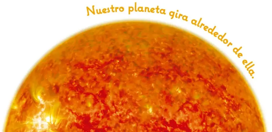 Gran imagen del Sol en tonos naranjas y rojos, con su superficie encendida; una frase curva en amarillo dice «Nuestro planeta gira alrededor de ella».