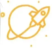 Pequeña ilustración decorativa de un cohete dentro de una figura circular.