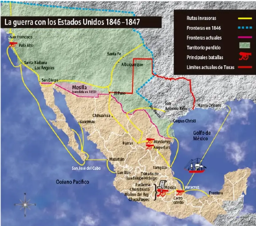 Mapa titulado 'La guerra con los Estados Unidos 1846-1847' que muestra rutas invasoras, fronteras de 1846 y actuales, territorio perdido, principales batallas y límites actuales de Texas, con ciudades como Chihuahua, Monterrey, Veracruz, Ciudad de México y Santa Fe.