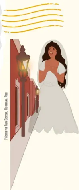 Ilustración de La Llorona con vestido blanco, junto a un farol y una calle colonial.
