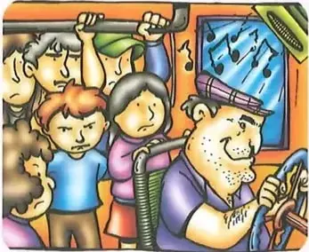 Pasajeros viajan incómodos en un bus mientras el conductor maneja y escucha música a un volumen muy alto.
