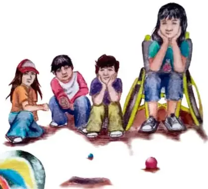 Ilustración de cuatro niños, uno en silla de ruedas, sentados en el piso junto a pelotas y canicas de colores.