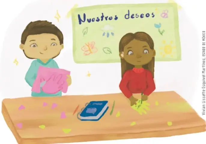 Ilustración de dos niñas sobre una mesa, una sosteniendo una mano de papel rosa y otra recortando; al fondo un letrero amarillo que dice «Nuestros deseos» con dibujos de sol, flores y mariposas.