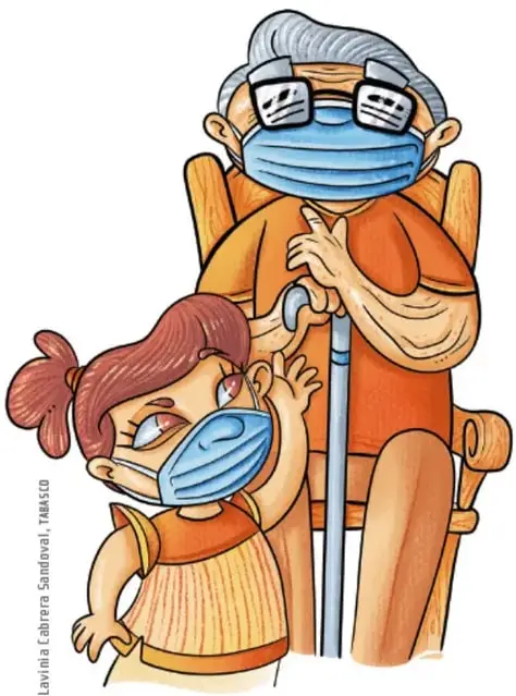 Ilustración de una niña con cubrebocas azul abrazando a su abuelo, que usa mascarilla, lentes y está sentado en un silla de ruedas con bastón. Crédito: Lavinia Cabrera Sandoval, TABASCO.