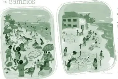 Miniatura de la portada del recurso 'Encontramos los cambios': dos ilustraciones, una playa concurrida con personas y sombrillas, y una escena urbana con edificios, casas y niños jugando.