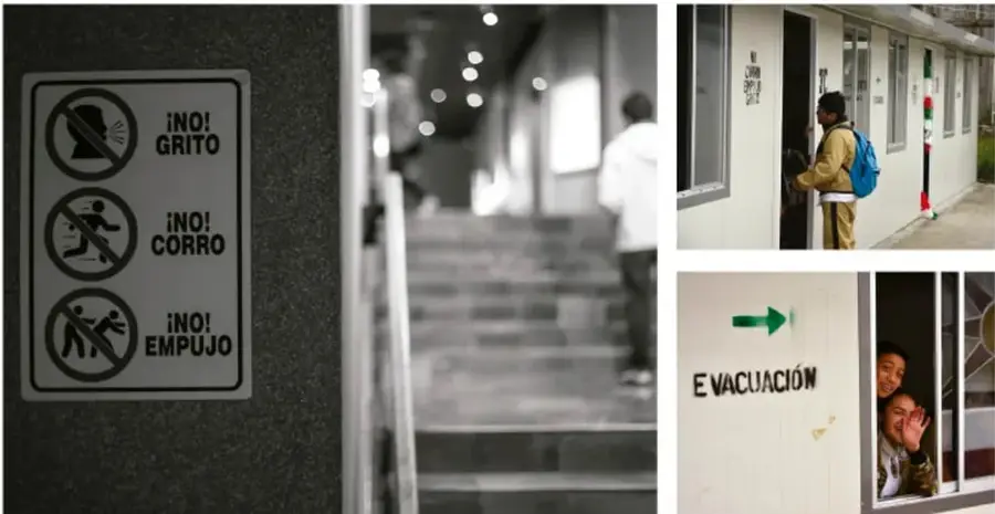 Señalética de prohibición con tres íconos: ¡No! Grito, ¡No! Corro, ¡No! Empujo, junto a un pasillo con escalera
