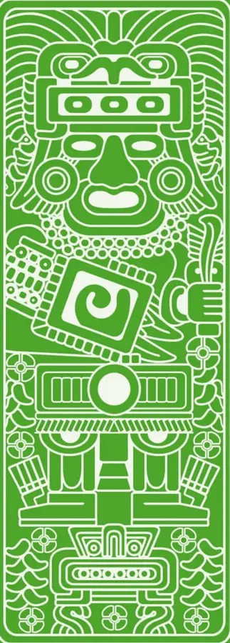 Ilustración de estilo mesoamericano en blanco sobre fondo verde: máscara o deidad con rasgos antropomorfos, aro orbital, elemento espiral en las manos y motivos geométricos y florales, enmarcada por un doble filete redondeado.