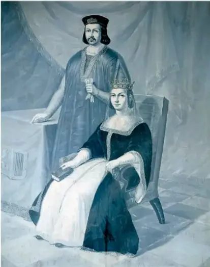 Ilustración de los Reyes Católicos: Isabel I de Castilla sentada y Fernando II de Aragón de pie, con vestimenta real.