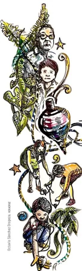 Ilustración vertical con figuras humanas, hojas, estrellas y un trompo, en estilo de grabado.