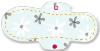 Toalla sanitaria de tela con alas y broches marcados con puntos rojos.