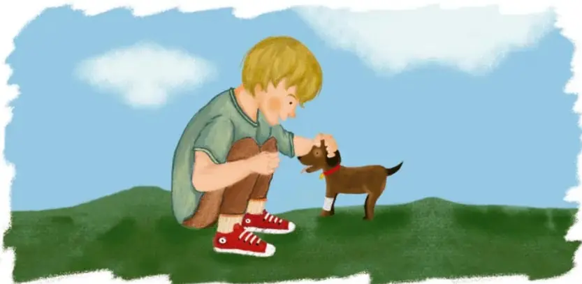 Ilustración de un niño rubio agachado acariciando a un perrito café con una pata vendada, sobre un prado verde con cielo azul.
