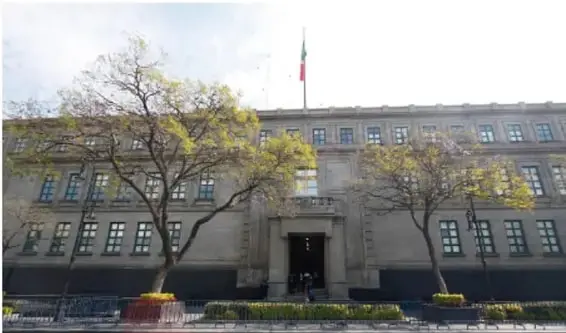 Fachada de un edificio institucional mexicano con bandera nacional en la azotea y árboles con floración amarilla al frente.